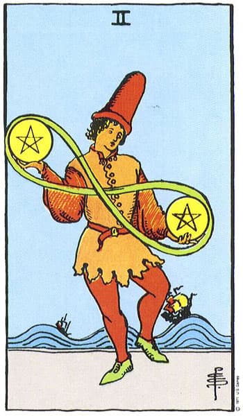 Two of Pentacles tarot card (Rider-Waite)