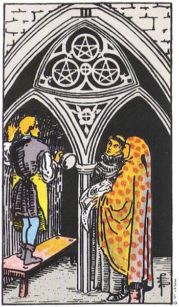 Three of Pentacles tarot card (Rider-Waite)