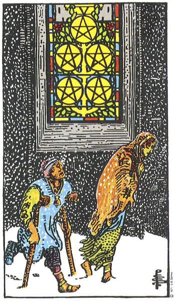 Five of Pentacles tarot card (Rider-Waite)