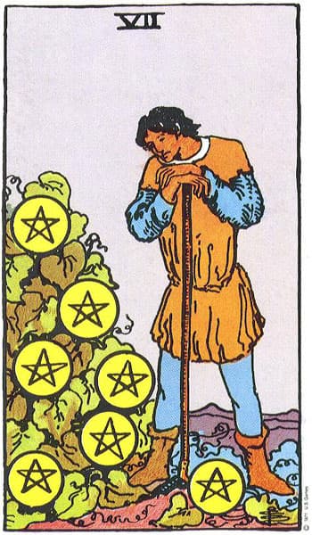 Seven of Pentacles tarot card (Rider-Waite)