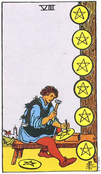 Eight of Pentacles tarot card (Rider-Waite)