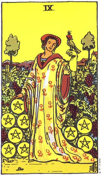 Nine of Pentacles tarot card (Rider-Waite)