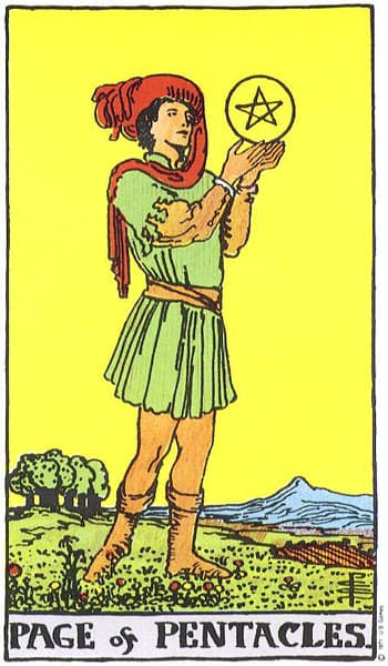 Page of Pentacles tarot card (Rider-Waite)
