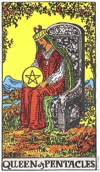 Queen of Pentacles tarot card (Rider-Waite)