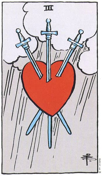 Three of Swords tarot card (Rider-Waite)