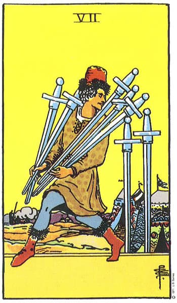 Seven of Swords tarot card (Rider-Waite)