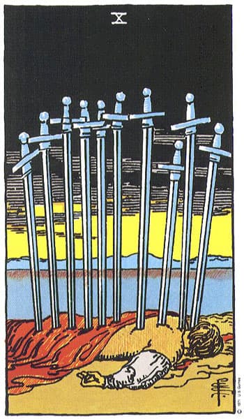 Ten of Swords tarot card (Rider-Waite)
