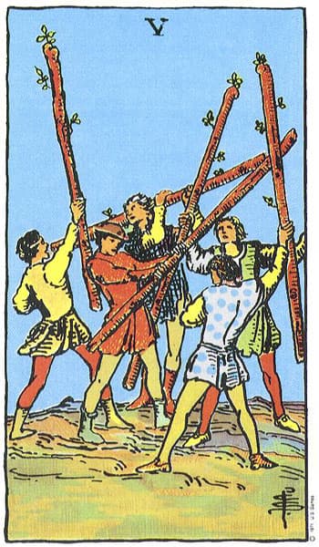 Five of Wands tarot card (Rider-Waite)