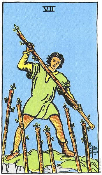 Seven of Wands tarot card (Rider-Waite)