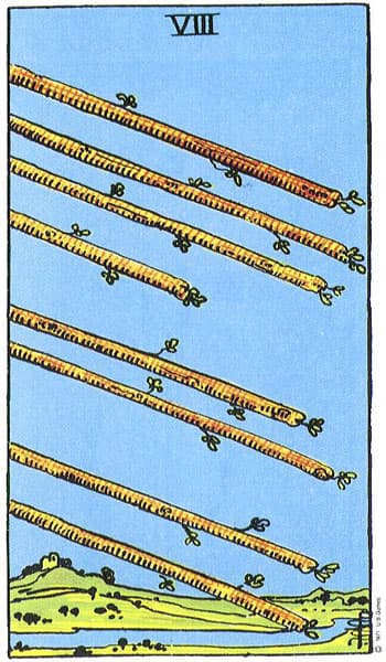 Eight of Wands tarot card (Rider-Waite)
