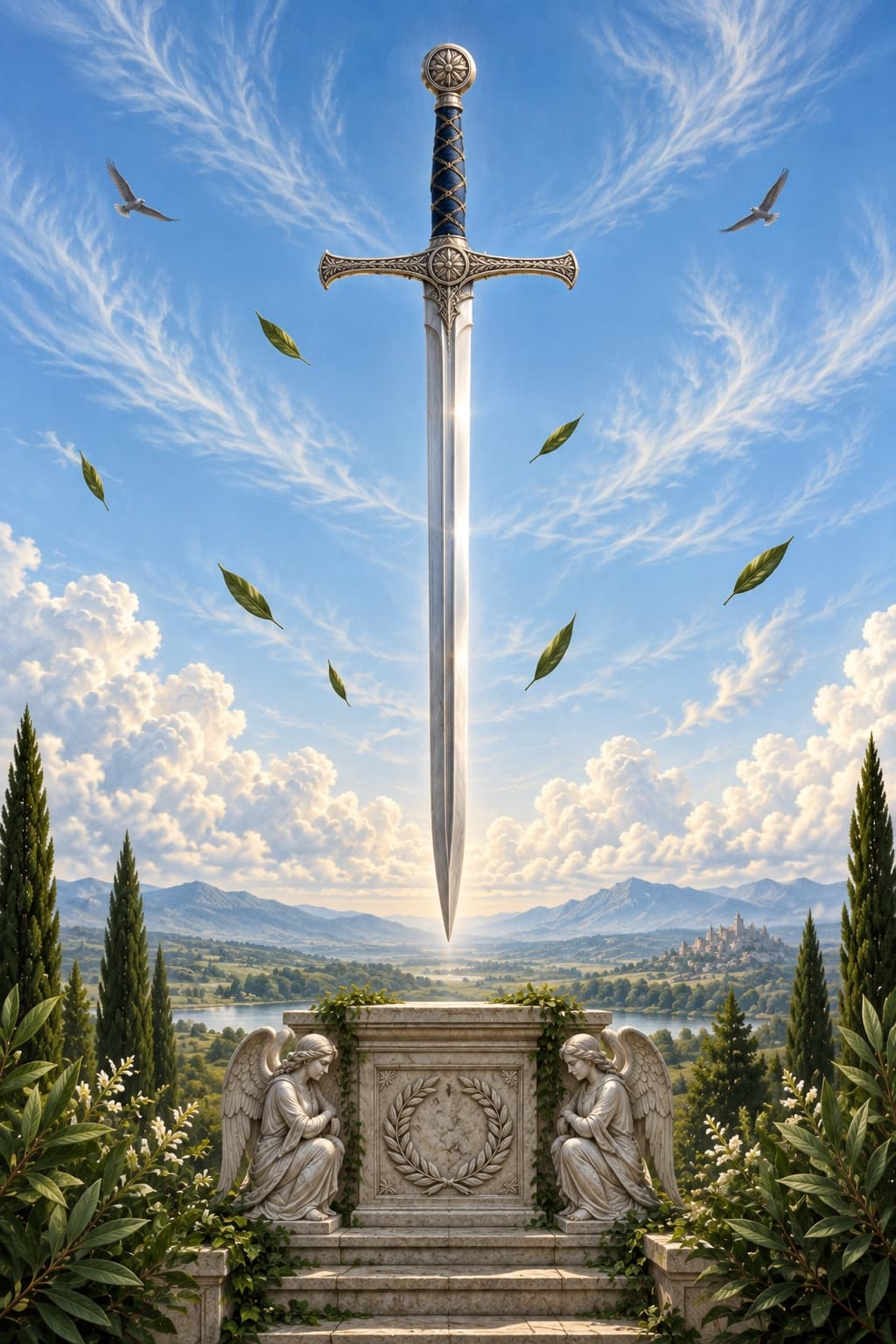 A polished sword stands on a stone monument between two kneeling angels, against a pale blue sky with leaves carried by the wind