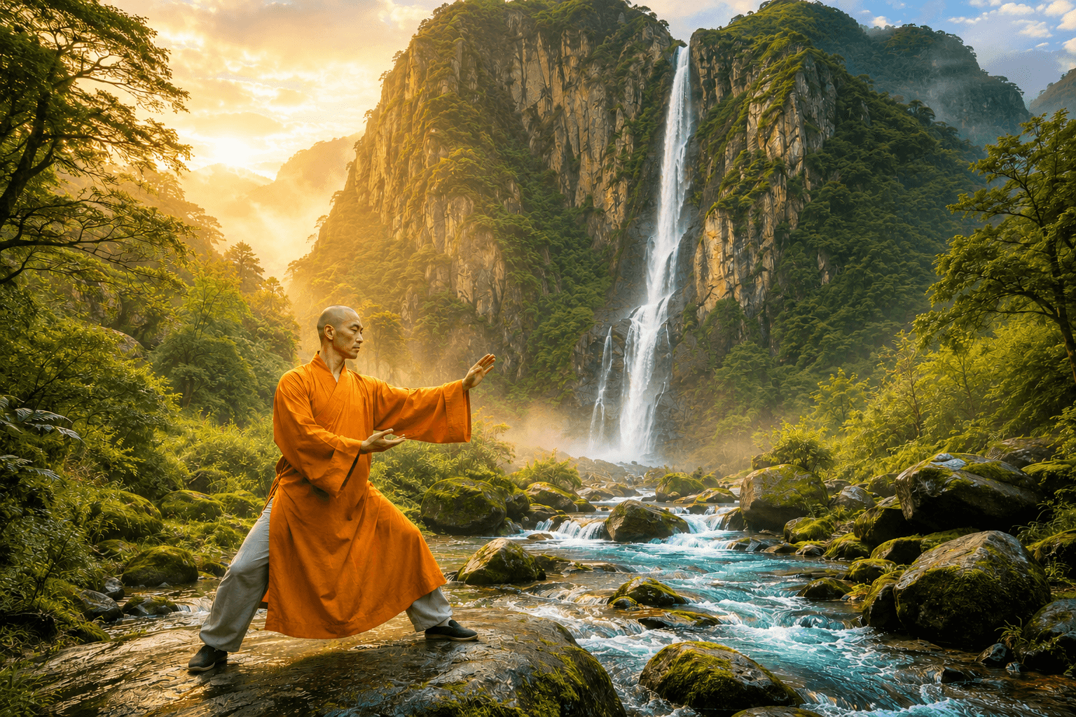 A monk practicing tai chi in nature beside a mountain, a waterfall, and a stream flowing between rocks