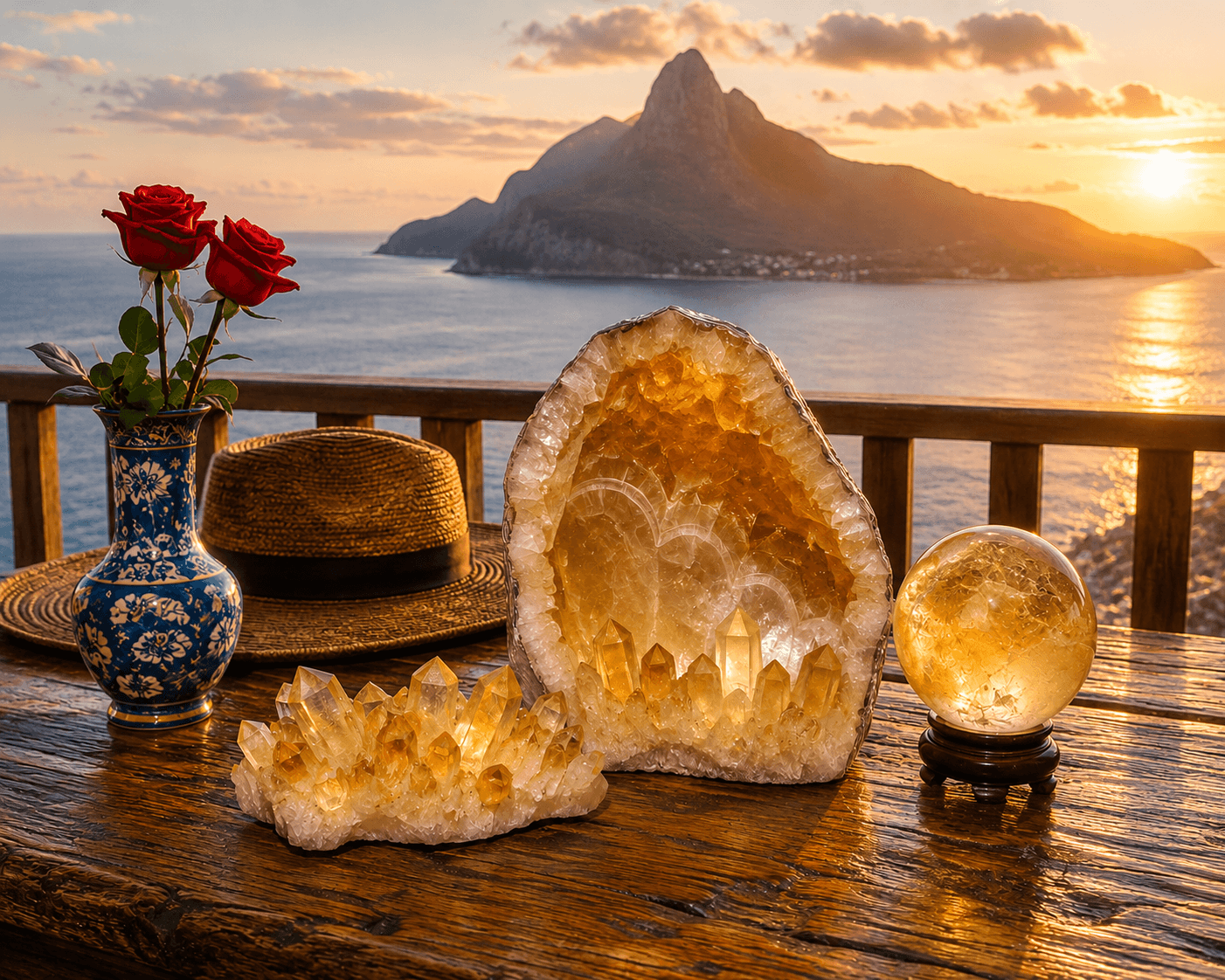 Natural citrine in yellow and golden hues on a wooden table overlooking the sea