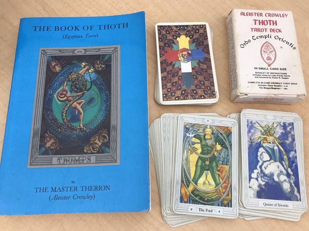 Cards from the Thoth Tarot deck painted by Lady Frieda Harris for Crowley. Photograph by Trang Tarot, licensed under CC BY-SA 4.0, Wikimedia Commons.