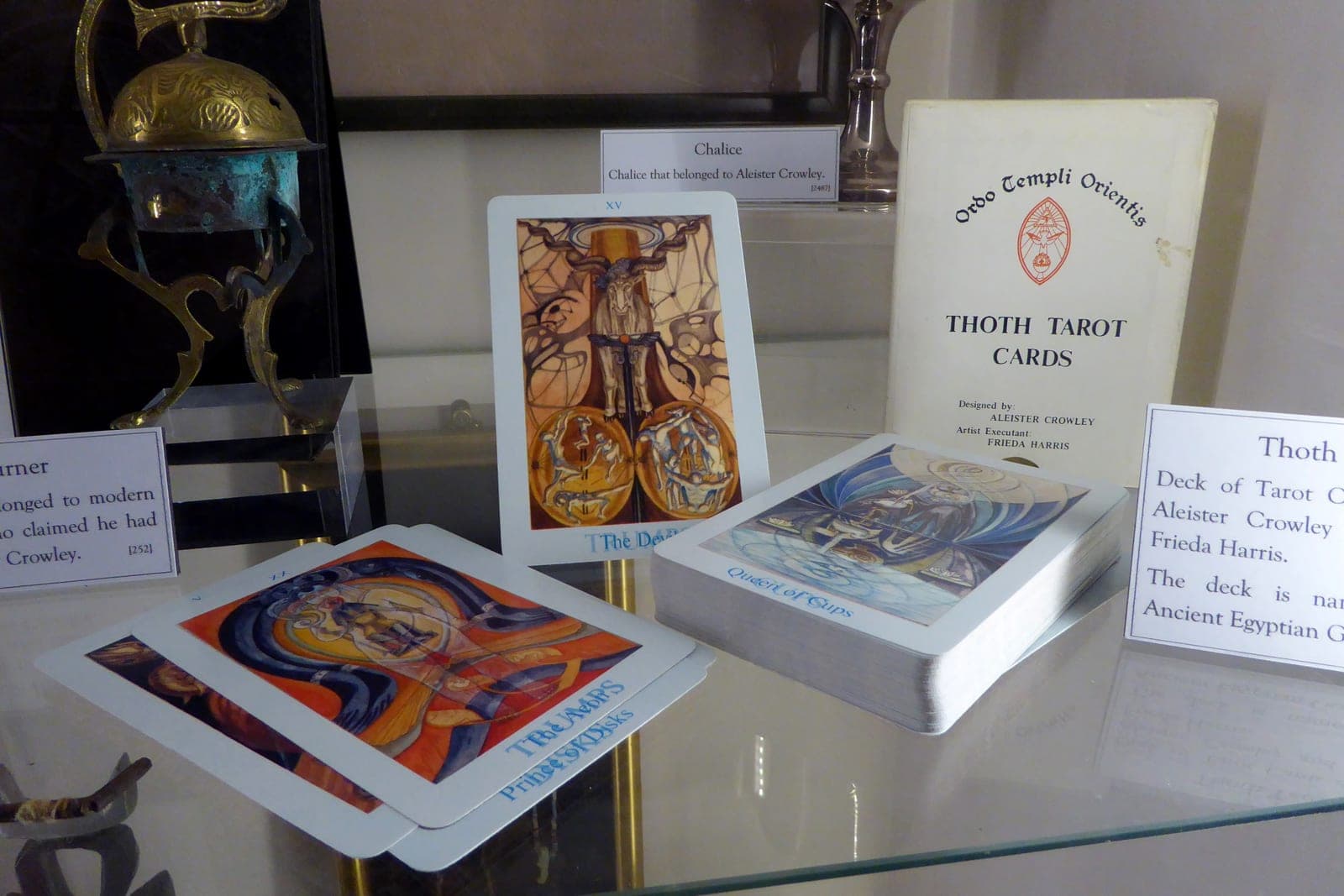 Thoth Tarot cards at the Museum of Witchcraft and Magic. Photograph by Ethan Doyle White, licensed under CC BY-SA 4.0, Wikimedia Commons.