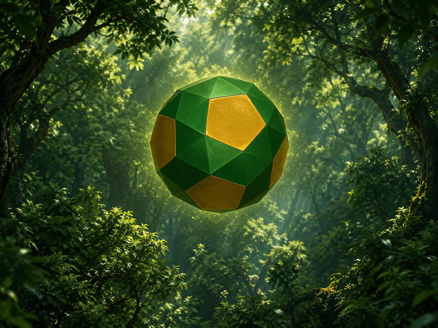 A Light Language geometric form in shades of green and gold among the treetops
